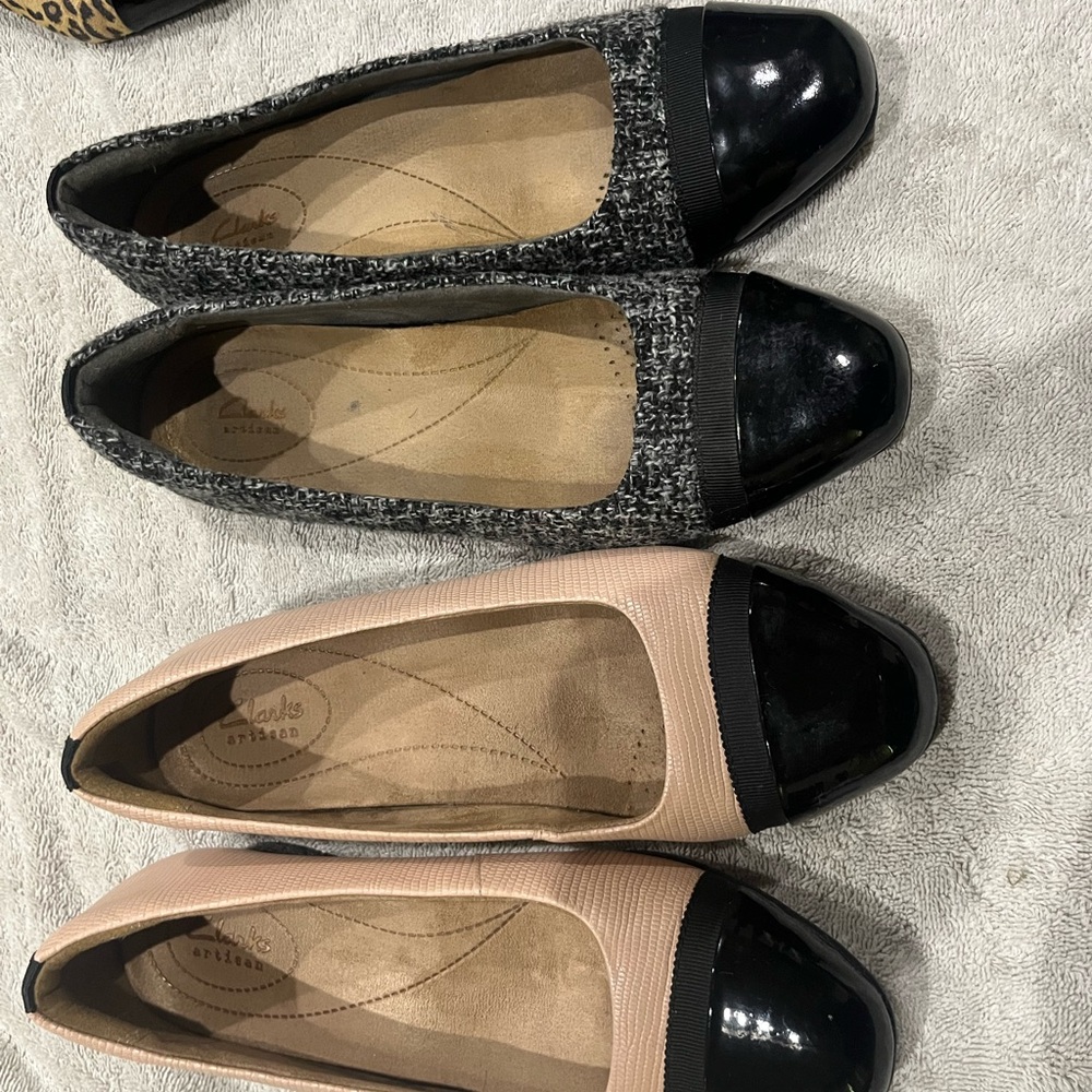 Clarks Black and Gray Flats with Patent Leather Toe Caps